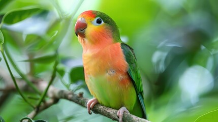 Colorful lovebird perched on a branch amidst lush green foliage, showcasing vibrant plumage