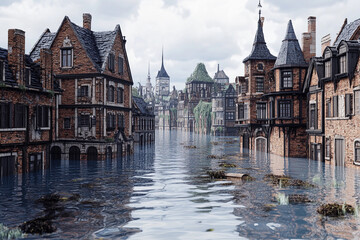 Obraz premium Flooded urban landscape depicts streets submerged in water with historic buildings in view near the city center during daylight