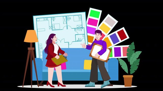 Illustrate interior design with 2D flat character design animation. Characters plan and implement interior design projects, showcasing creativity and design elements in a simplified approach.
