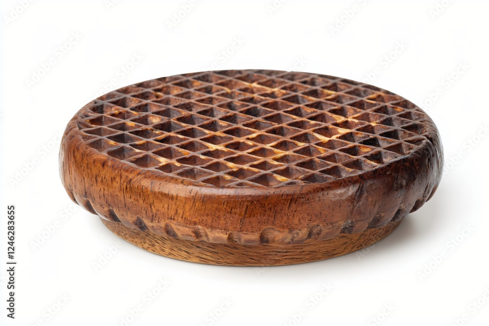 Poster round wooden waffle mold with intricate grid pattern casting soft shadow on white background