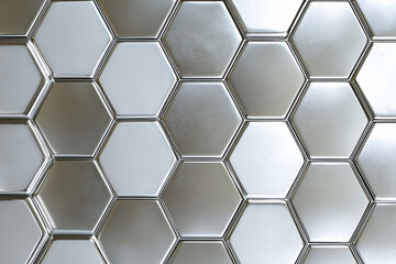 Hexagonal grid pattern with metallic silver finish on a clean white background showcasing modern design and reflective texture