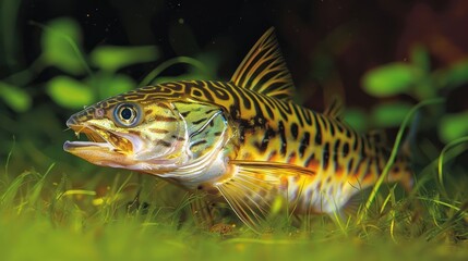 Obraz premium Colorful spotted fish swimming gracefully among lush green aquatic plants in a serene underwater environment