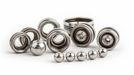Precision metal parts and bearings on white background