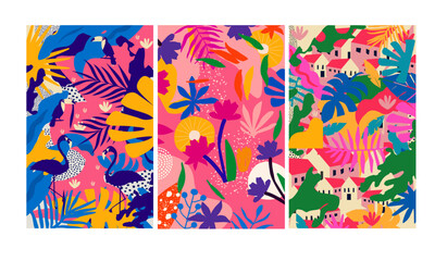 Colorful flowers and leaves poster background vector illustration. Exotic plants, branches, flowers and leaves art print for beauty, fashion and natural products, spa and wellness, wedding and events	