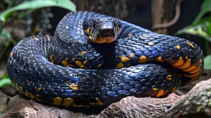 Obraz premium A striking black and yellow snake coiled on a branch, surrounded by lush green foliage in a vibrant habitat