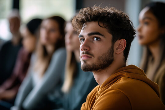 A young man sitting at a rehab center group session, looking hopeful, surrounded by others listening attentively.