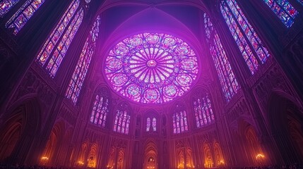 Obraz premium Purple-lit Gothic cathedral rose window, interior view, night