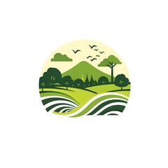 Serene Landscape: A stylized illustration depicts a peaceful countryside scene nestled within a circular frame. Rolling hills, trees, a mountain, and birds create a tranquil and idyllic image. 