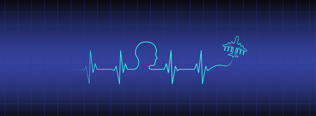 Editable blue ekg monitor, cardio diagnosis, human head, airplane vector. Heart rhythm line vector design to use for healthcare, healthy lifestyle, medicine, ekg, ecg concept illustration projects. 