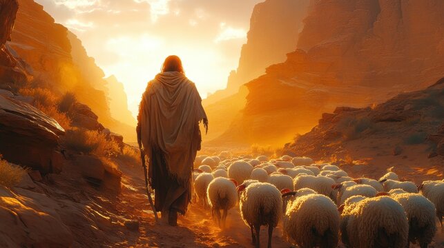 parable of the lost sheep sheperd with sheeps on the desert retro style