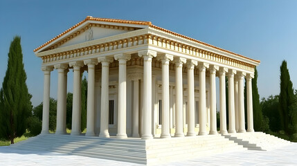 Obraz premium Majestic Greek temple, pristine white columns, ancient architecture, sunny day, historical landmark.