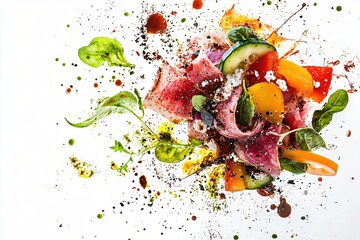Creative food shot of colorful salad with prosciutto and feta on a white background