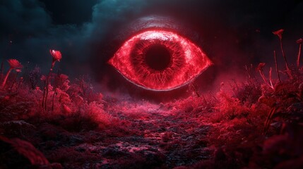 A surreal depiction of a massive red eye looming over a vibrant and mystical landscape, embodying emotions of awe, fear, and the unknown throughout nature.