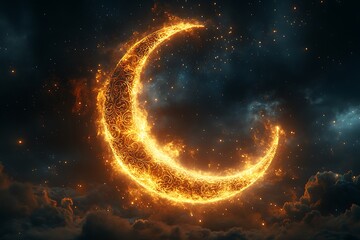 Glowing Crescent Moon Made of Flames  Set Against Dark Starry Sky with Subtle Clouds

