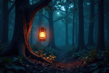 Mysterious glow from hanging lantern in forest, darkness, light, eerie