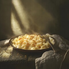 Melted parmesan over creamy mac and cheese, sharp textures, golden light, moody background