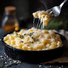 Melted parmesan over creamy mac and cheese, sharp textures, golden light, moody background