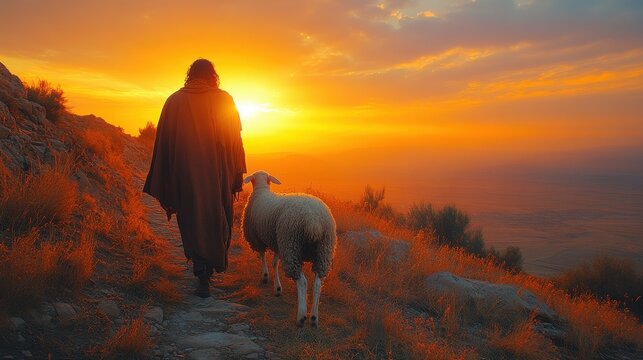 parable of the lost sheep silhouette of a man and his sheep walking in the desert