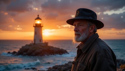 An elderly lighthouse keeper standing near a glowing lighthouse as the sun sets, casting a golden light over the ocean.