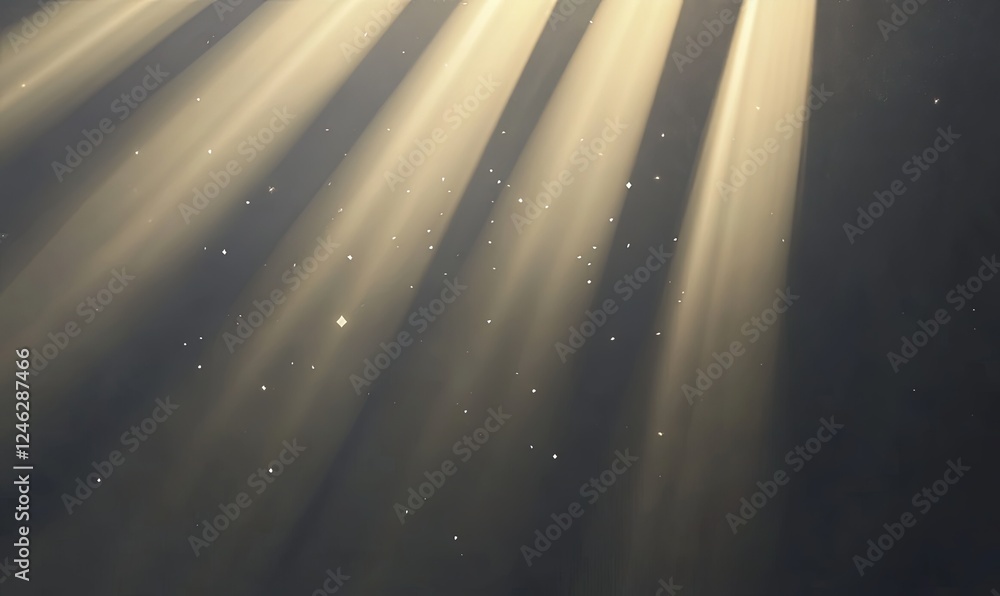 Poster golden light rays shining through dark space, dust particles, atmospheric background for design proj