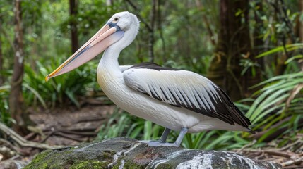 Fototapeta premium Pelican perched on a rock in a lush forest, showcasing its vibrant plumage and serene environment