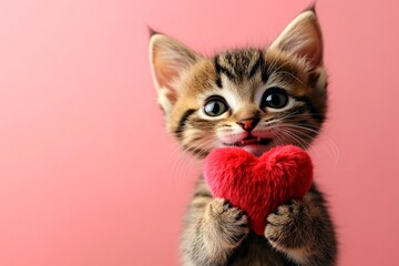 Obraz premium Manx - my beloved cat. Marketing conceptual art. Cute manx kitty with fluffy red heart - sign of love, funny greeting card. Cute red animal valentine. Red heart cat. February red kitten.