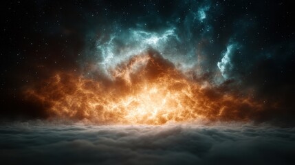 Fototapeta premium This stunning cosmic experience captures vibrant cloud formations in fiery orange, set against a deep cosmic background, illustrating the beauty of the universe and its mysteries.