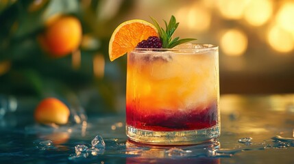 Cocktail drink, close-up of colorful cocktail with garnish, vibrant evening backdrop