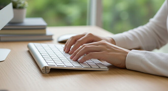 Manos tecleando en un teclado blanco sobre un escritorio de madera. Fondo con libros y una planta, enfoque en la acci&oacute;n de escribir.