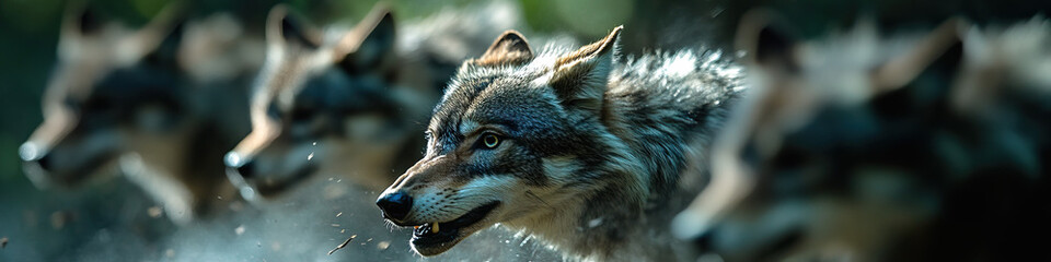 Fototapeta premium Gray Wolf Leading Pack in Motion