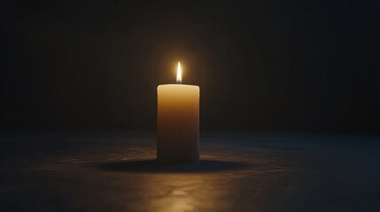 A candle’s warm glow in a dark room on a table, signifying power outage and minimalism with plenty of space for design.