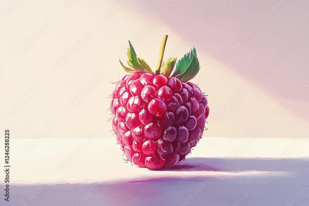 Poster Single raspberry with leaves on a light surface artistic rendering of a fresh summer fruit