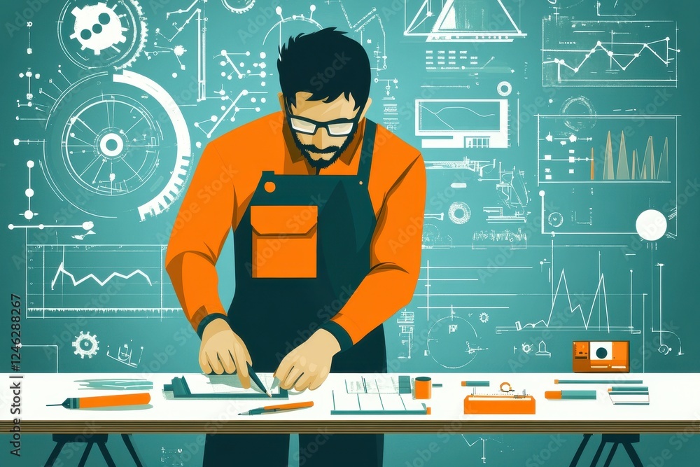 Poster skilled worker with tools in front of technical diagrams and charts