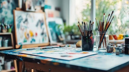 Creative workspace, close-up of art supplies and sketches on a bright desk