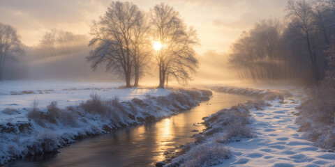 The rising sun illuminates a frosty river meandering through a snow-covered winter landscape.