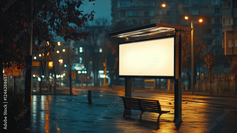 Poster blank billboard in urban setting during night with empty space for advertisements and desolate bench