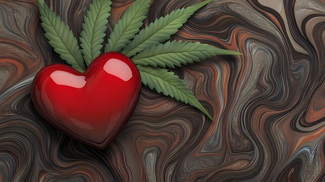 Red Heart with Cannabis Leaves on Brown Marble Background