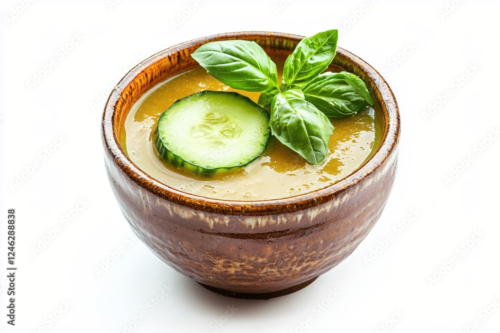 Poster refreshing gazpacho soup with cucumber and basil in rustic bowl on clean white backdrop