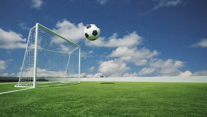Soccer ball flying towards goal, sunny day, green field, sports background