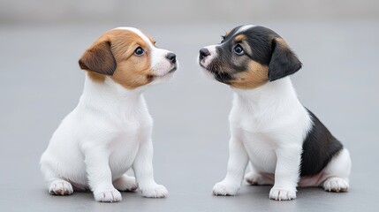 Two Jack Russell puppies face each other, studio shot