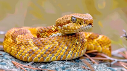 Fototapeta premium Close-up of a vibrant, coiled snake resting on a rock amidst a blurred natural background