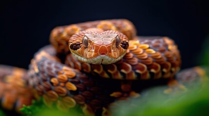 Fototapeta premium Close-up of a vibrant, patterned snake resting among lush foliage with a dark background