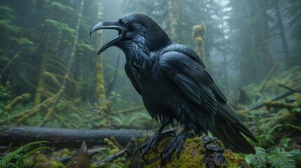 Fototapeta premium Majestic raven perched on a mossy log in a misty forest, surrounded by towering trees and lush greenery