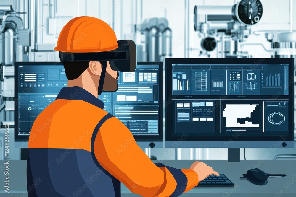 Aufkleber industrial worker using virtual reality for data analysis and monitoring