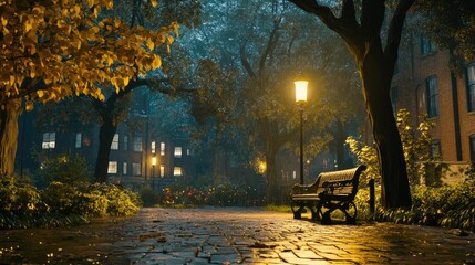Night park, lamplit path, autumn leaves, empty bench.