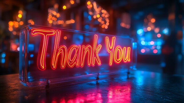 Bright neon sign displaying 'Thank You' in a vibrant atmosphere. Perfect for concepts of gratitude, appreciation, and friendly service in social settings.