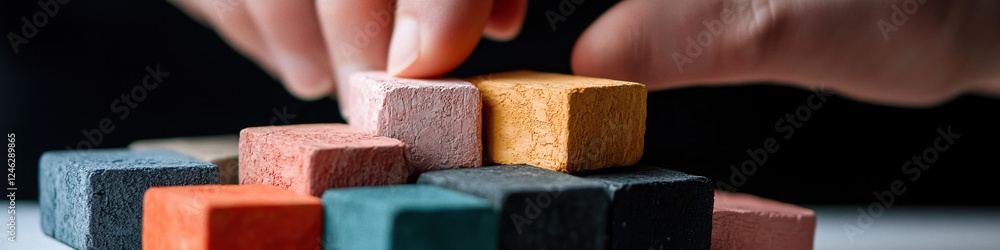Poster hand arranging stack of colored blocks