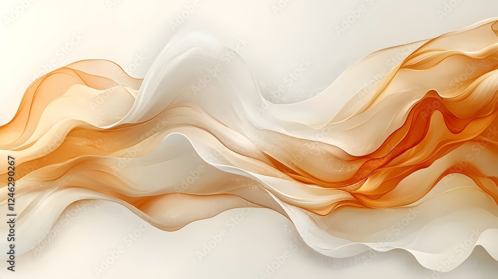Poster an abstract composition of flowing waves in soft white and warm orange hues, creating a soothing and