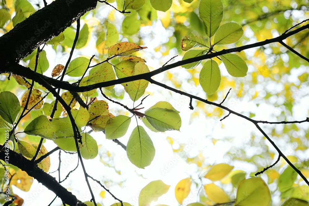 Poster Sunlight filtering through vibrant autumn leaves creating a serene and natural atmosphere