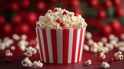 popcorn red and white striped bucket with red background